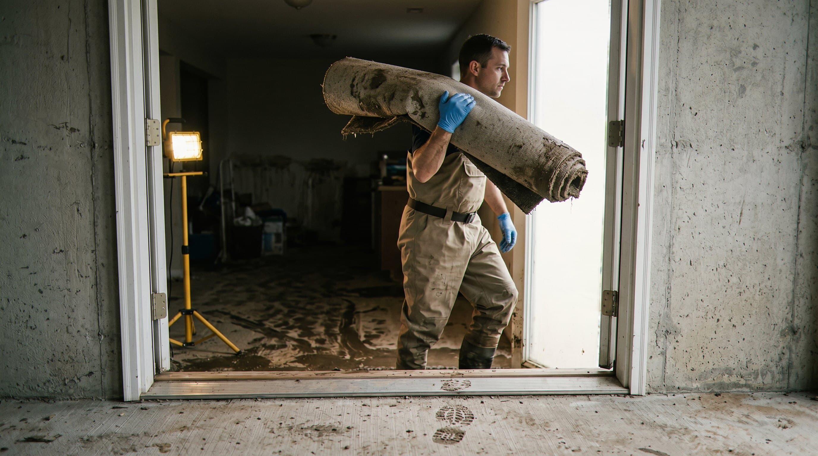 Technician cleaning flooded basement interior