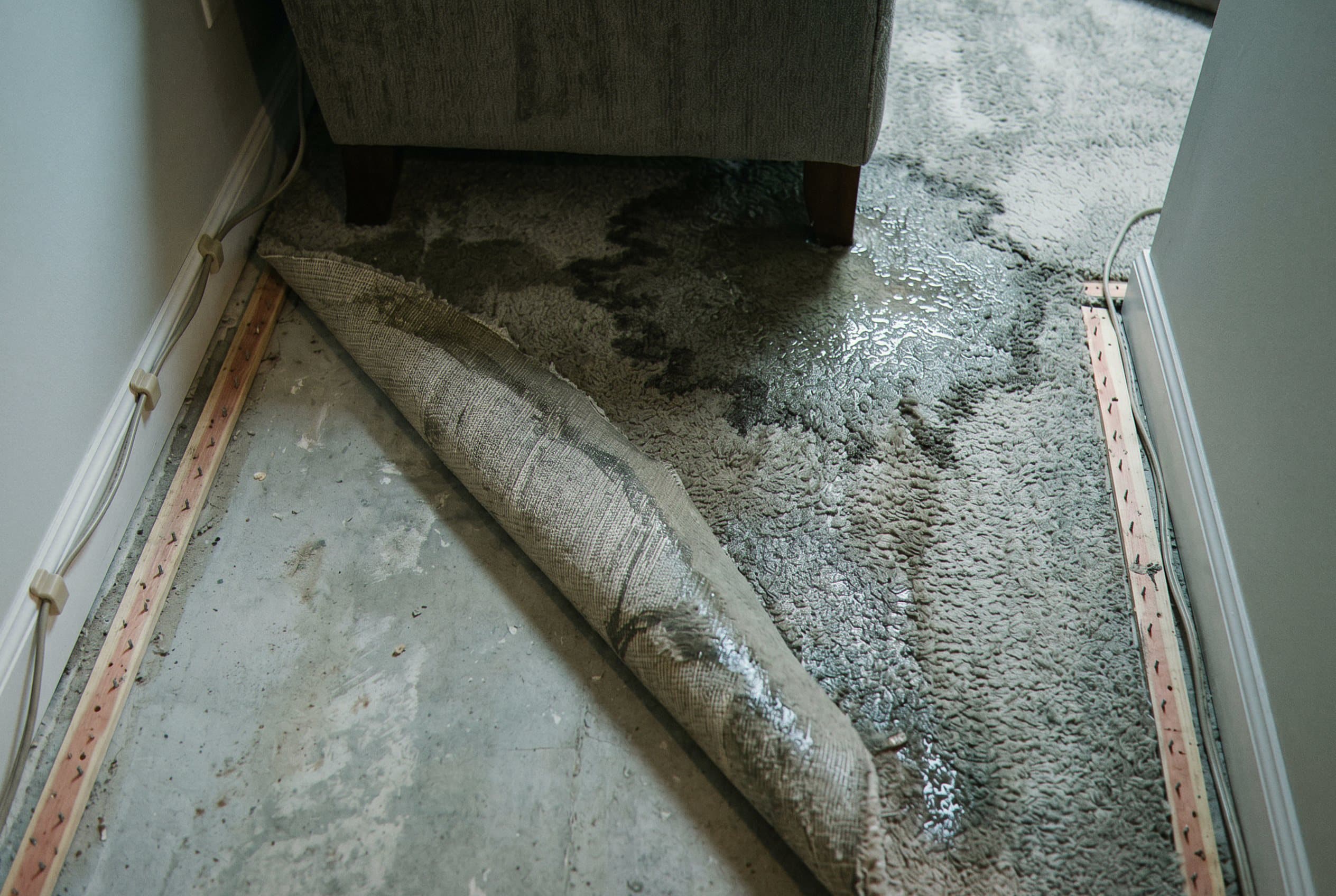 Living room flooded with standing water